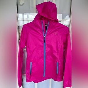 The North Face Women's Vibrant Pink Rain Jacket with Blue Zipper
